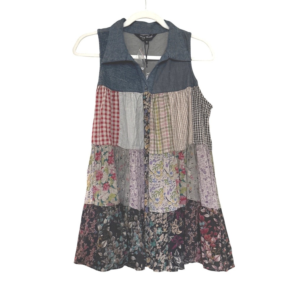 New Young Threads Medium Patchwork Boho Tank Top Denim Mixed Print Babydoll Chic